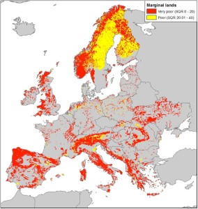 Figure 1. Identified marginal lands in Europe, based on the SQR toolusing nine HI (salinization, sodification, acidification, soil depth above hard rock, drought, flooding and extreme water logging, steep slope, high percentage of coarse fragments and unsuitable soil thermal regime)