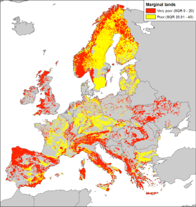 Fig.3 - Identified marginal lands in Europe based on SQR tool using nine HI.3