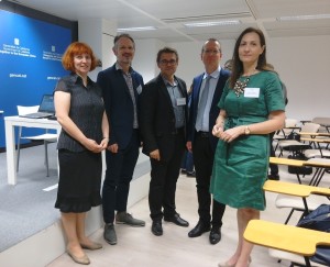 A moment from the SecureChain Final Conference, 7 June 2018 in Brussels (from right to left): Maria Georgiadou, DG Research and Innovation of the European Commission; Uwe Kies, InnovaWood; Göran Gustavsson, Energikontor Sydost; John Vos, BTG Biomass Technology Group; Lesya Loyko, FORZA Agency for Sustainable Development of the Carpathian Region.